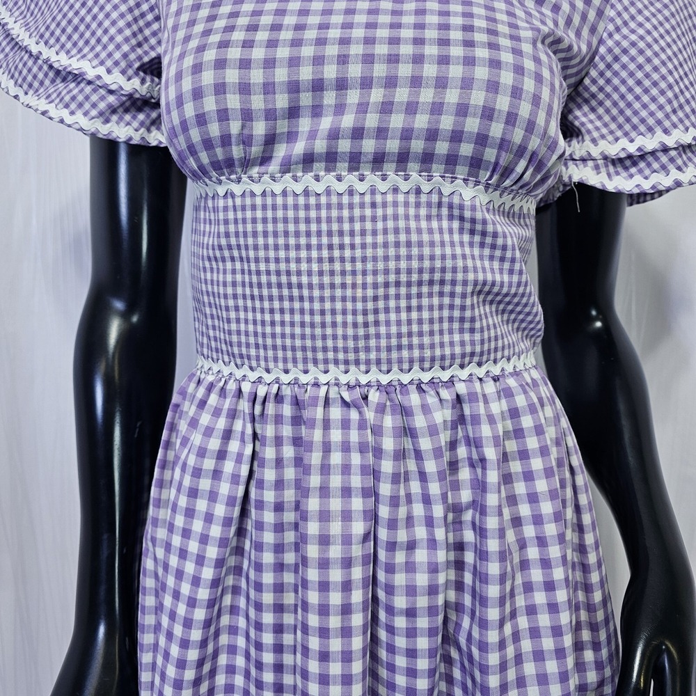 VTG 70s Purple Gingham Maxi‎ Dress Prairie Cottagecore Lace Trim Flutter Sleeve - Picture 5 of 16